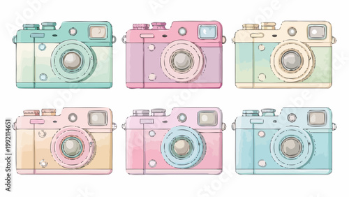 Set of vintage pastel colored cameras