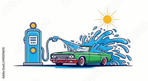 A retro car gets a vibrant wash with a hose next to a vintage fuel pump under a bright sun