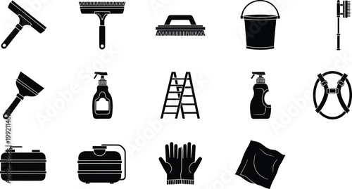 Set of professional window cleaning equipment icons including squeegee, bucket, ladder, and gloves.