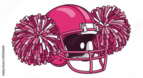 A pink football helmet adorned with two fluffy pom-poms, featuring a white background