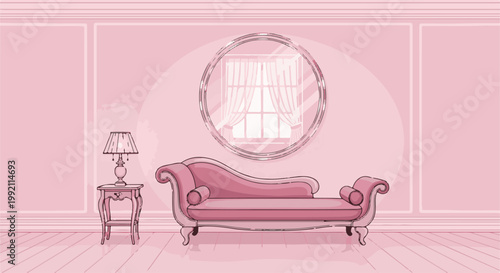 A pink, decorative chaise lounge with a side table and lamp sits in a softly lit room