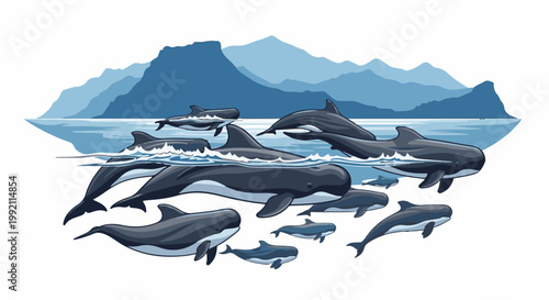 A pod of dark gray dolphins swims through blue ocean waves against a backdrop of layered blue mountains