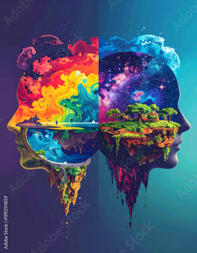 Diverse Minds: Surreal human head opening revealing unique inner world creativity mental dive landscape cosmos imagination concept dream abstract thought