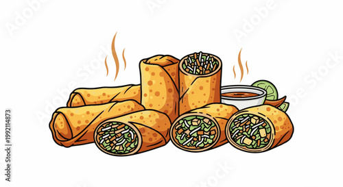 A pile of freshly fried, golden-brown spring rolls, some cut to reveal filling, beside a dipping sauce