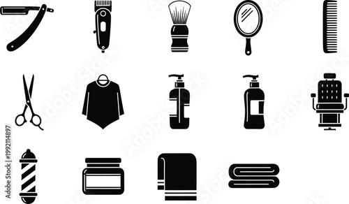 Set of fifteen barber and hair salon icons including scissors razors and clippers on white background