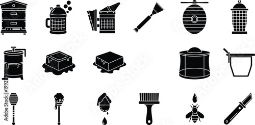 Beekeeping and honey production equipment icon set featuring various tools and accessories.