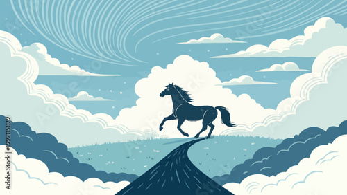 A majestic dark horse running across a stylized landscape with rolling hills and swirling clouds in a blue tone palette