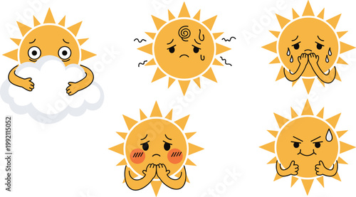 Cute Sun Character Emoji Set with Sad and Sick Facial Expressions Featuring Crying, Shivering, and Hiding Behind Cloud Icons for Weather Apps and Childrens Educational Designs
