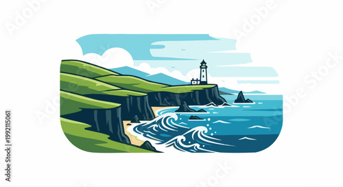 A picturesque pixel art scene of a lighthouse perched atop a rugged cliff overlooking a vibrant ocean