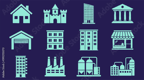 Flat design icons of various buildings and industrial facilities