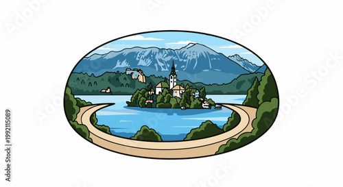 A picturesque island church sits in a tranquil lake, framed by mountains and a winding path