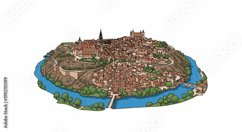 A picturesque illustration of an ancient city perched on a hill, encircled by a winding blue river