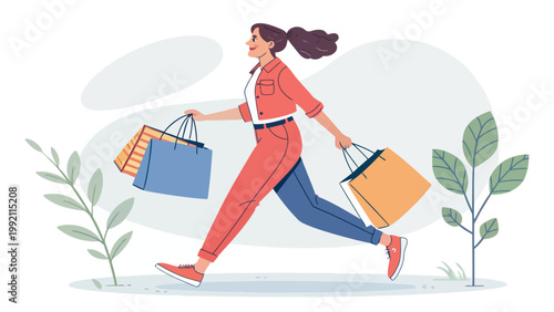 Happy young woman walking with shopping bags, vector illustration of a girl enjoying a shopping spree in casual clothes
