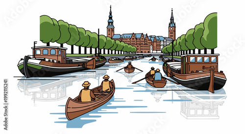 A picturesque canal scene with boats and historic buildings under a treelined promenade