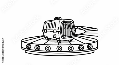 A pet carrier sits on a circular conveyor belt, suggesting travel or transport