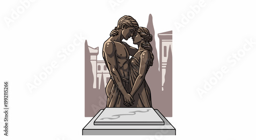 A pixel art statue depicts a man and woman in a tender embrace against a blurred architectural background