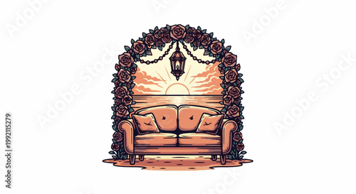 A pixel art scene with a couch before a rose arch overlooking a sunset over the ocean