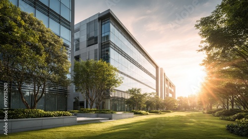 Modern office building exterior with lush green landscaping at sunset