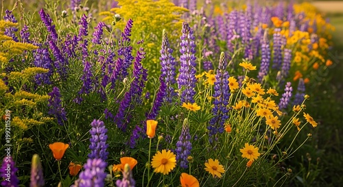 Vibrant summer garden with blooming purple lavender and orange marigolds in soft sunlight