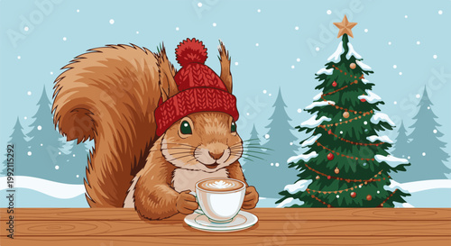 A pixel art squirrel in a red hat drinks coffee beside a decorated Christmas tree