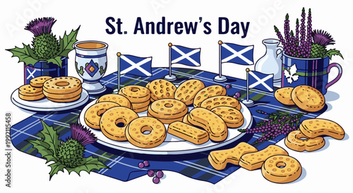 A St. Andrew's Day celebration featuring Scottish shortbread, thistles, and flags on a tartan tablecloth
