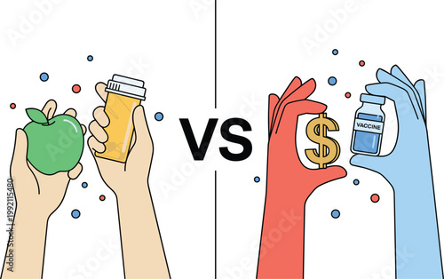 Hands holding and pill bottle versus hands holding dollar sign and vaccine vial