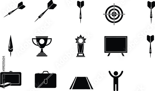 Collection of black and white icons featuring darts, targets, trophies, and business symbols.