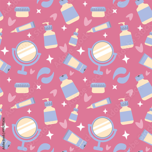 Seamless beauty and skincare pattern of mirrors, dropper bottles, eye patches and cream tubes on a vibrant pink background. Ideal for cosmetic branding, self care, and feminine lifestyle designs.