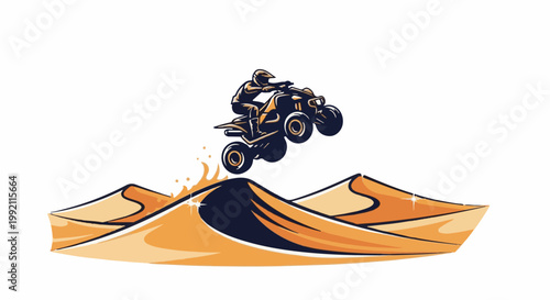 A rider on a quad bike performs a jump over sand dunes