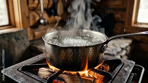 Close-up of a metal pot with boiling water and rising steam on a wood-burning stove with orange flames. Warm and cozy rustic cabin interior background.