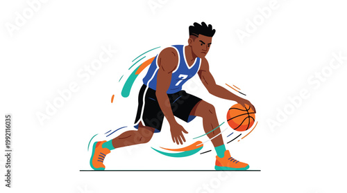 Dynamic basketball player dribbling the ball quickly on the court in an energetic sports action scene
