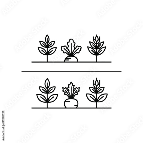 Linear icon set of garden plants and root vegetables growing in soil rows representing agriculture farming and home gardening activities for educational and sustainable living design projects
