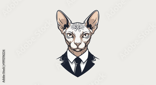 A portrait of a hairless cat wearing a formal suit and tie