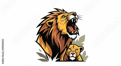 A roaring lion and its cub are depicted with stylized, bold lines and vibrant colors