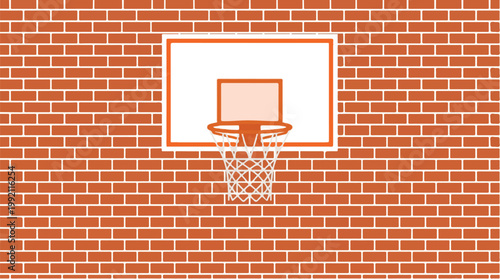 Indoor basketball hoop mounted on a brick wall with a net for recreational play and sports activities