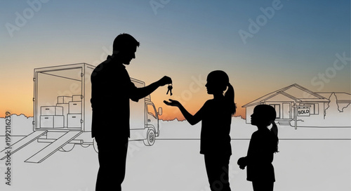 Father handing keys to daughter with house sketch background.