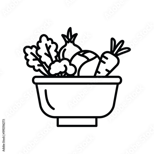 Bowl filled with fresh assorted vegetables line art icon representing healthy eating and balanced nutrition for culinary websites recipe blogs or nutrition apps in clean minimalist vector style