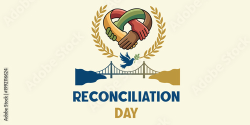 Reconciliation Day Illustration with Intertwined Hands  Bridge and Dove