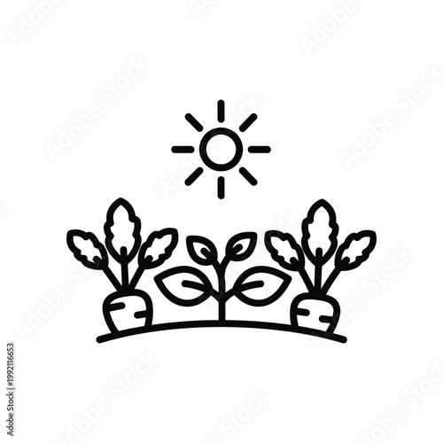 Line art icon of growing root vegetables under a bright sun representing sustainable organic gardening and healthy agricultural practices