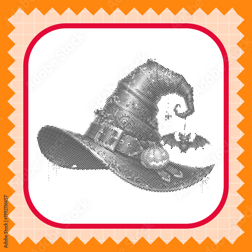 halftone style witch hat illustration with a small bat silhouette for halloween design