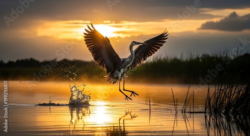 Great blue heron flying over misty wetlands at golden sunset with dramatic lighting