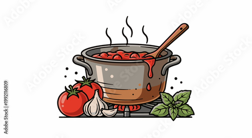 A pot of simmering tomato sauce cooks on a stove, with fresh ingredients nearby