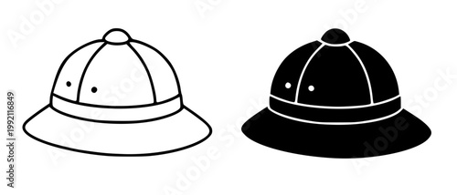Pith helmet minimalist icon, in outline and silhouette design, isolated on transparent background