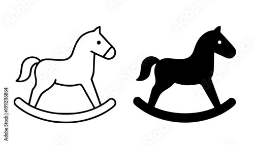 Rocking horse minimalist icon, in outline and silhouette design, isolated on transparent background