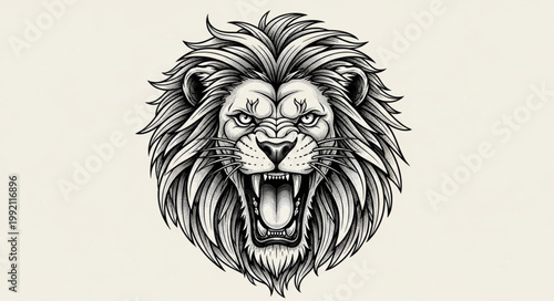 Fierce Lion Head Illustration with Open Mouth and Mane.