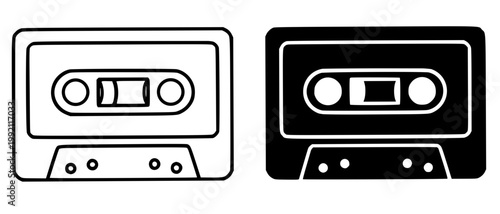 Cassette minimalist icon, in outline and silhouette design, isolated on transparent background