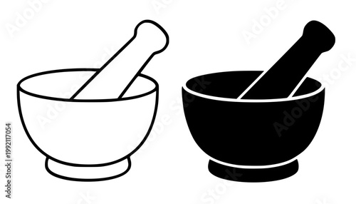 Mortar and pestle minimalist icon, in outline and silhouette design, isolated on transparent background