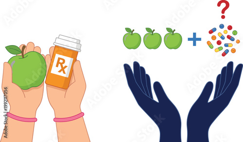 Hands holding and prescription bottle with fruit and pills question