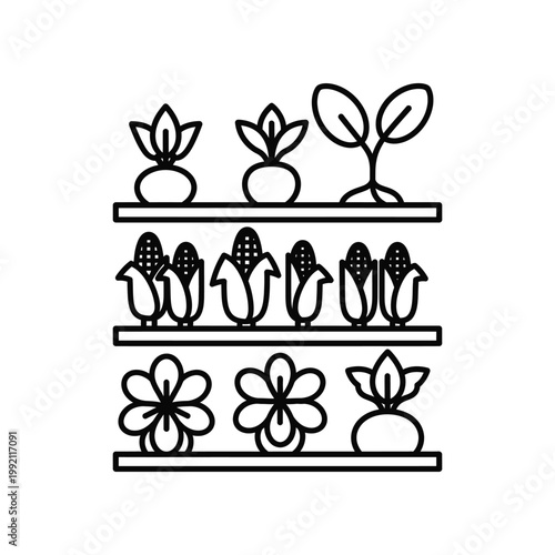 Set of linear icons showcasing diverse garden produce including root vegetables corn cobs and leafy greens on shelves for agricultural gardening and organic food concepts