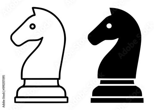 Knight (chess) minimalist icon, in outline and silhouette design, isolated on transparent background